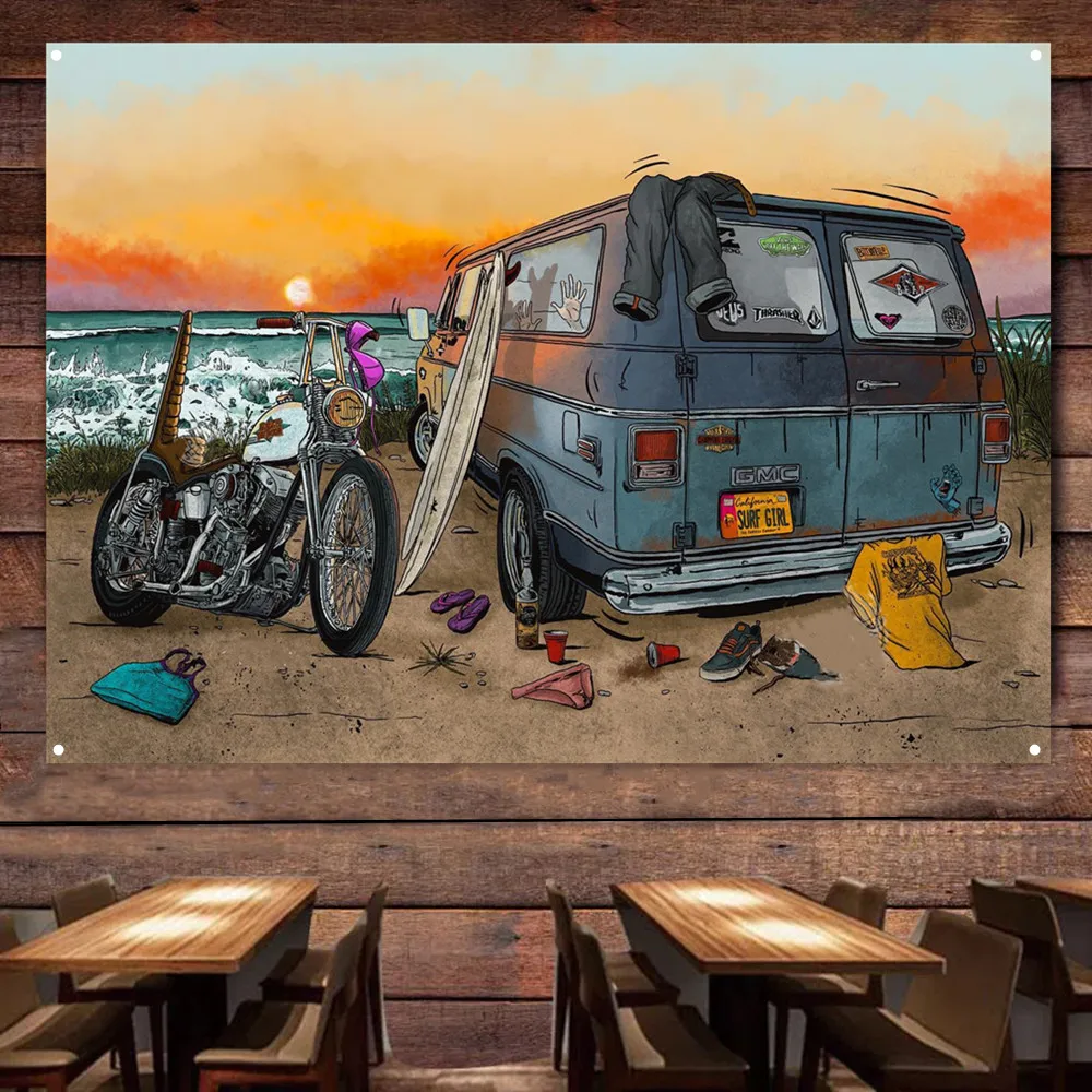 Auto Repair Shop Banners - รถจักรยานยนต์รถ Camping Art โปสเตอร์แขวนผนังภาพวาดโรงรถธง Auto Repair